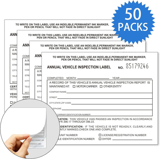 Annual Vehicle Inspection Label 50 Pack Interior Vehicle Inspection 2-Ply Adhesive Vinyl with Mylar Laminate 5" x 4" Meet DOT Requirements