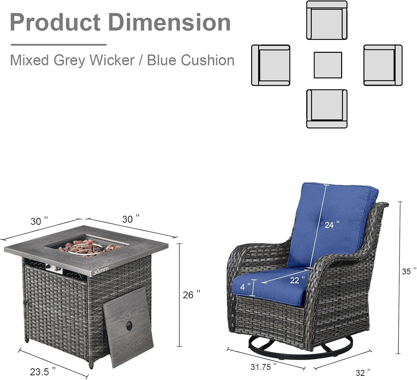 5 Pieces Patio Wicker Furniture Set - 4 Outdoor Swivel Rocker Glider Chairs with Propane Fire Pit Table, Patio Conversation Set Blue Cushion Perfect for Casual Gathering