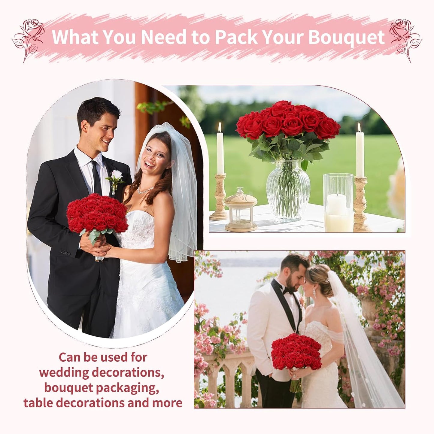 102 PCS Fake Roses Artificial Flowers Bulk, Red Roses Bridal Bouquet Silk Faux Rose with Stems for Wedding Flowers Decoration, Valentine's Day, Bridal Bouquet, Anniversary,Home Decor (102PCS, Red)