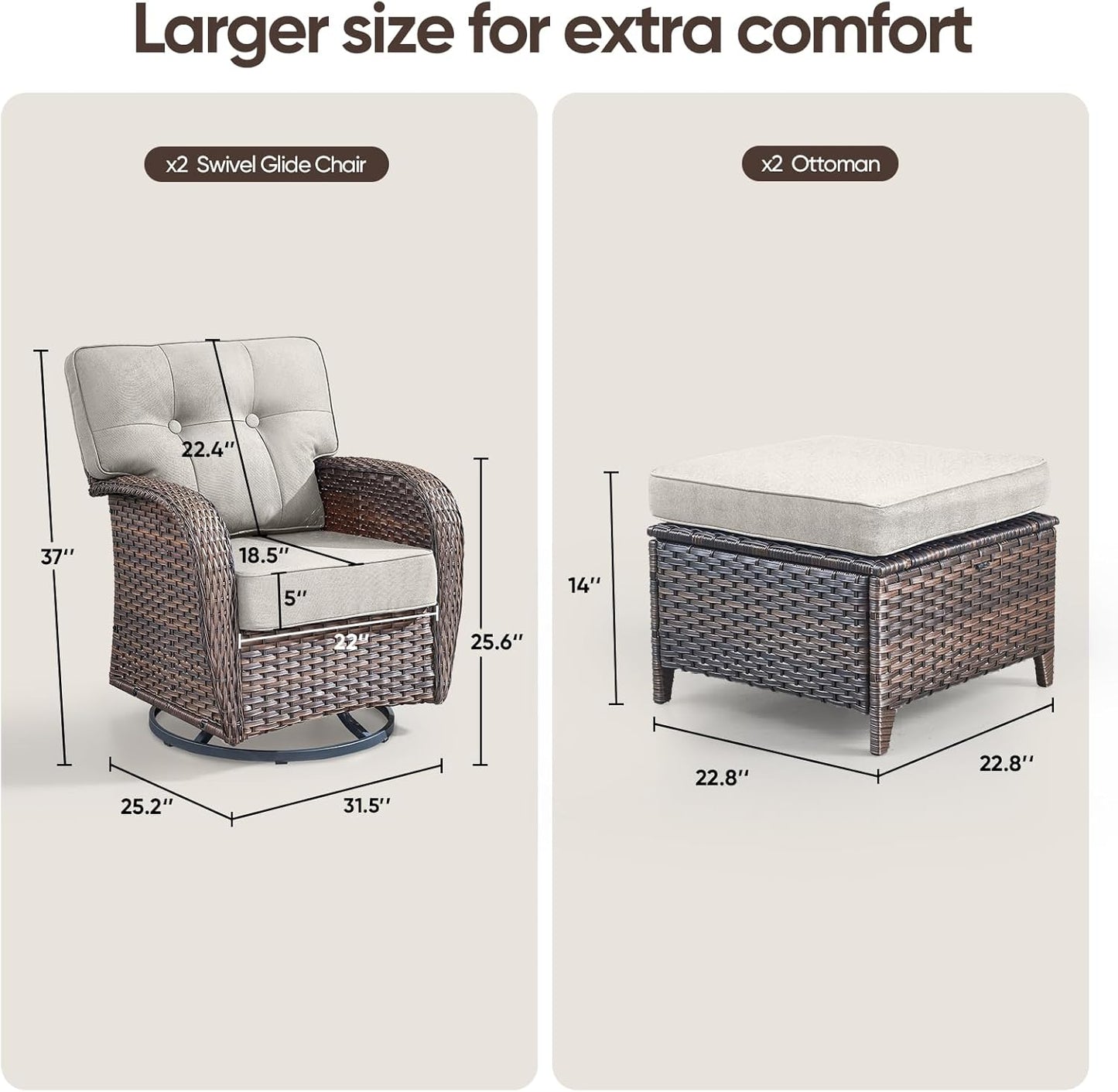 4-Piece Rotating Balcony Chair Set with 31-inch T-Shaped Wide backrest - Rattan Outdoor Rotating Balcony Chairs, Wide backrest Comfortable Outdoor Sliding Chair - Brown Rattan | Beige Cushions