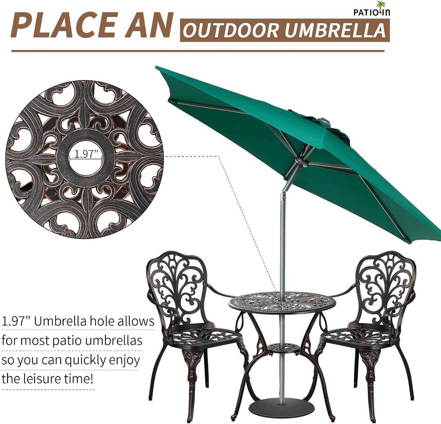 Patio Bistro Set 3 Piece Cast Aluminum Bistro Set, Outdoor Bistro Table and Chairs Set of 2 with Umbrella Hole for Porch, Lawn, Garden, Backyard, Pool (Brown)