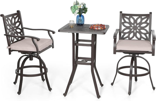 PHI VILLA Cast Aluminum Patio Bar Set with 2 Outdoor Swivel Bar Stools & 42" Pub Bar Height Table (1.96" Umbrella Hole), All Weather Furniture Bistro Table Chairs Set for Lawn, Garden