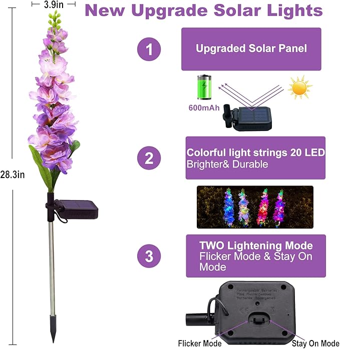 Solar Garden Lights, Solar Delphinium Flowers Lights 8 Pack 160 LEDs, Waterproof Solar Outdoor Lights Two Lighting Modes for Wedding Party Garden Yard Patio Lawn Decor and Gift for Mother