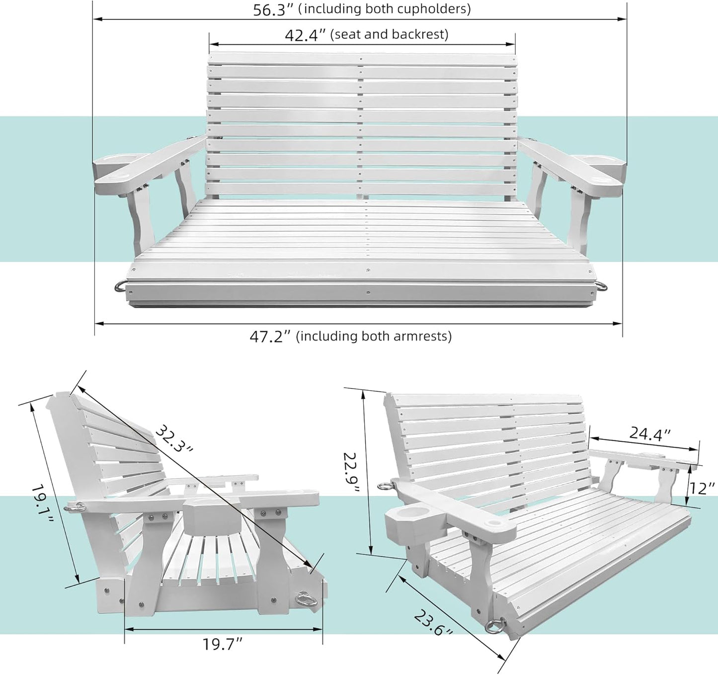 Wooden Porch Swing 2-Seater, Bench Swing with Cupholders, Hanging Chains and 7mm Springs, Heavy Duty 800 LBS, for Outdoor Patio Garden, Pure White, 4 FT Extra Large