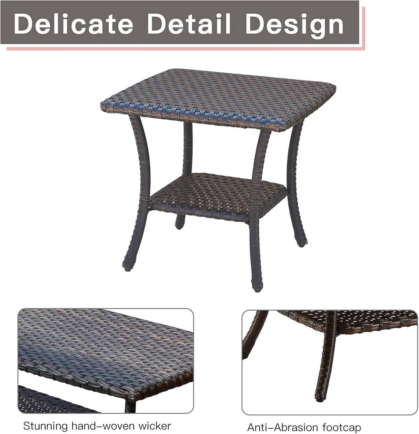 Patio Tables Outdoor Coffee Table - Wicker Rattan Side Tables with 2-Tier Storage Shelf End Table for Porch Deck Balcony Garden Outside Square Brown