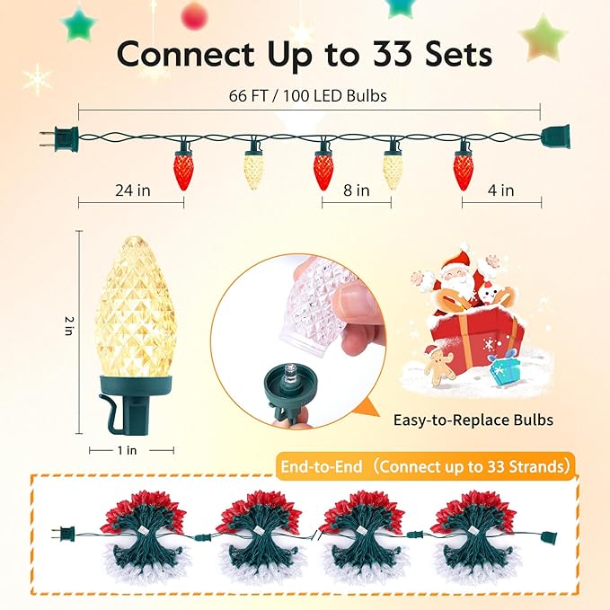 Brightown C9 LED Christmas String Lights, 66ft 100 LED Waterproof Strawberry String Lights, Plug-in Extendable Green Wire Lights String for Outdoor Outside Patio Party Decoration, Red and Warm White