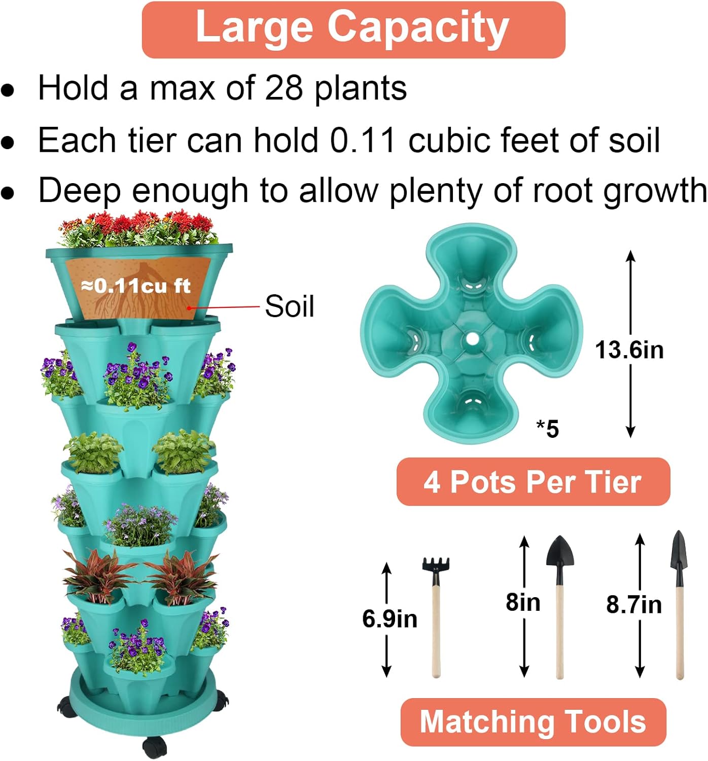 Vertical Planter 7 Tier Stackable Planters Garden Planters Strawberry Herb Flower and Vegetable Planter Indoor Outdoor Gardening Pots with Removable Wheels and Tools