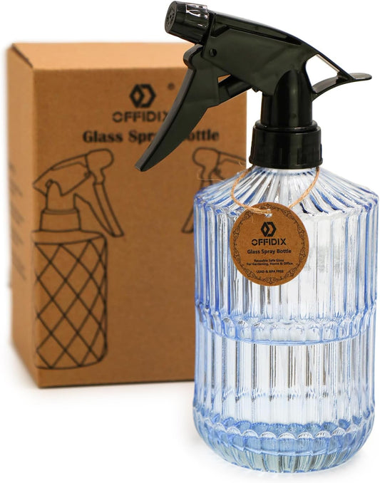 OFFIDIX Glass Spray Bottle,Plant Mister Indoor Watering Can,Adjustable Nozzle Watering Glass 0.45L/15.22oz Spray Bottle for Cleaning Solutions (Light Blue)