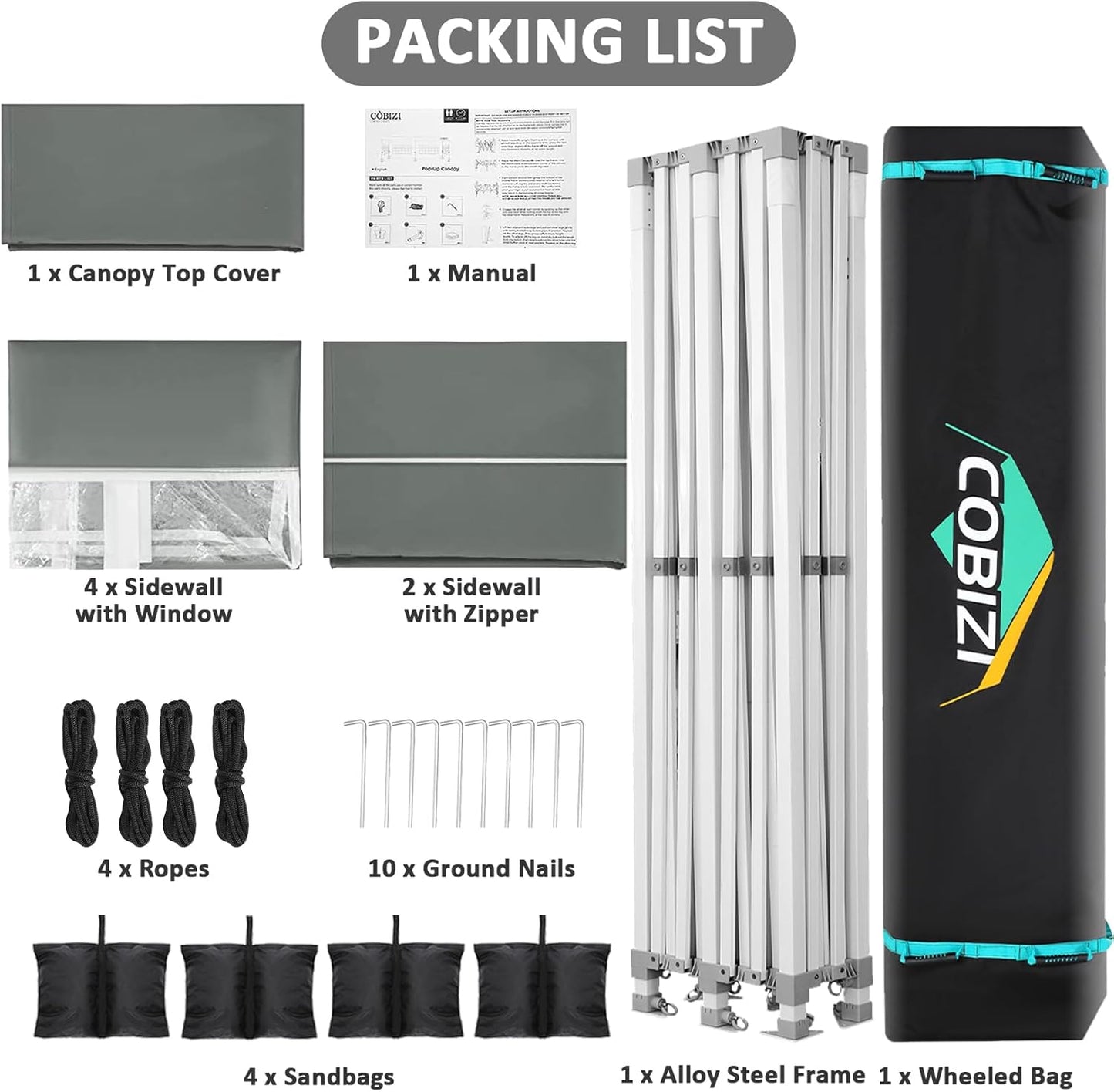 COBIZI 13x26 Pop Up Canopy with 6 Sidewall,Heavy Duty Canopy UPF 50+ All Season Wind Waterproof Commercial Outdoor Wedding Party Tents for Parties Canopy Gazebo with Roller Bag(13 x 26 ft Gray)