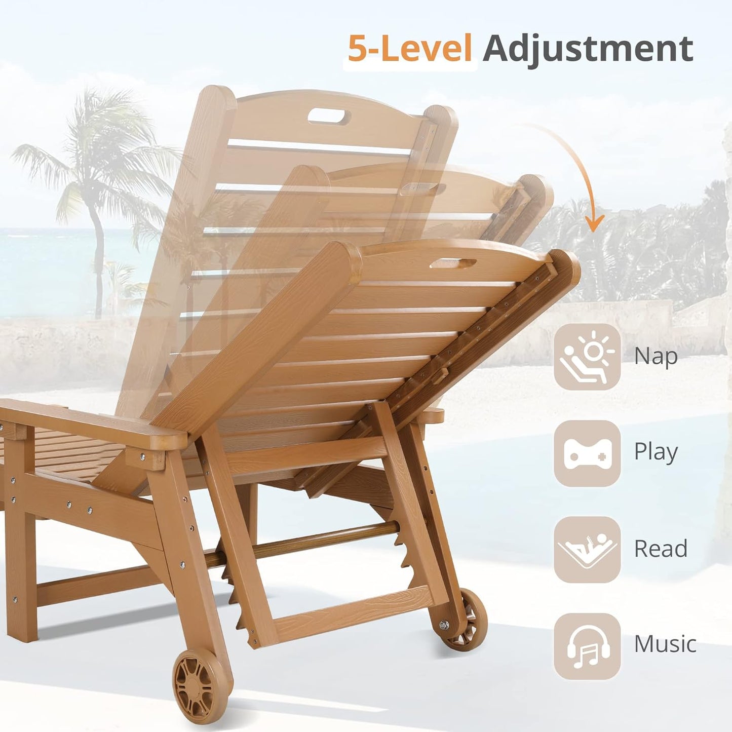 LUE BONA Chaise Lounge Chair with Table, 2-Piece, 79'' Oversized HDPS Chaise Lounger, 5 Positions Adjustable Lounge Chairs, Pool Lounge Chair with Wheels for Poolside, 3 Year Warranty, Teak Color