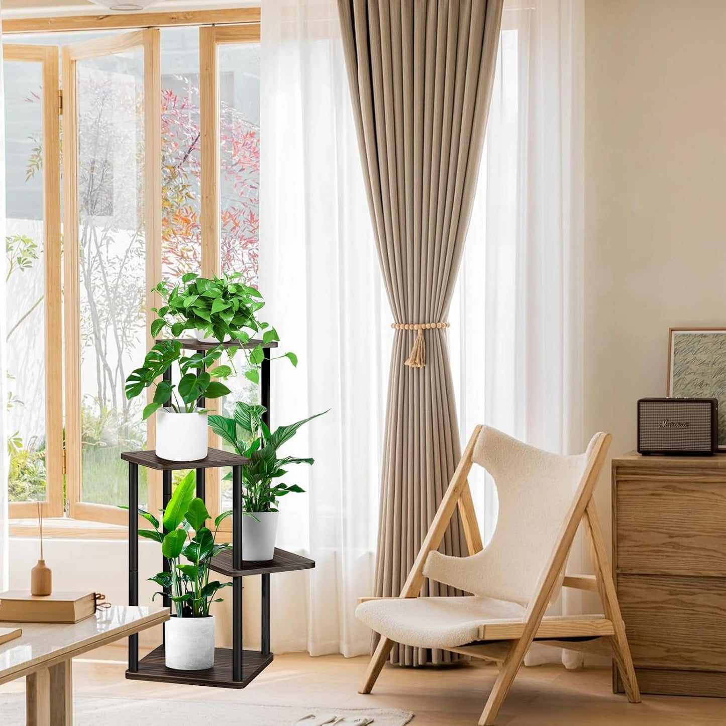 4 Tier Wood Tall Plant Stand Metal Rack Indoor, Multiple Flower Pot Holder Shelves Corner Rack, Planter Shelf Display Rack Storage Organizer for Patio Living Room Balcony Garden(Black Oak)