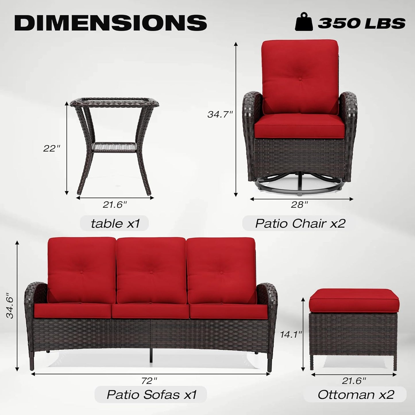 Joyside 6 Piece Patio Furniture Set, Outdoor Wicker Conversation Sets with Swivel Rocker Chairs and Sofa, Thick Cushion, Rattan Patio Sectional for Porch, Deck Use (Brown/Red, 6 PCS)