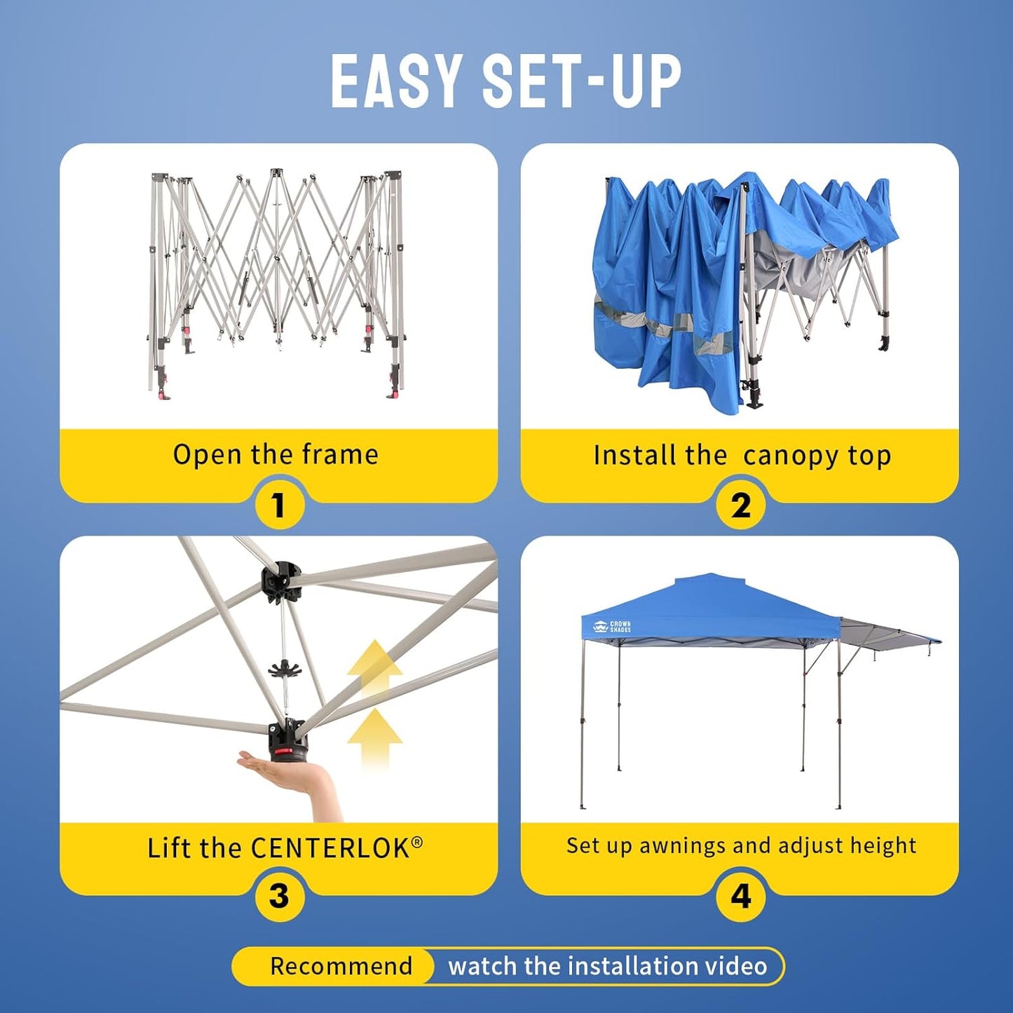 CROWN SHADES 10x10 Pop up Canopy Tent, Instant Commercial Canopy with Extend Awning, Patended Centerlock, 150D Silver Coated Fabric, 4 Ropes, 8 Stakes, 4 Weight Bags, STO 'N Go Bag, Blue