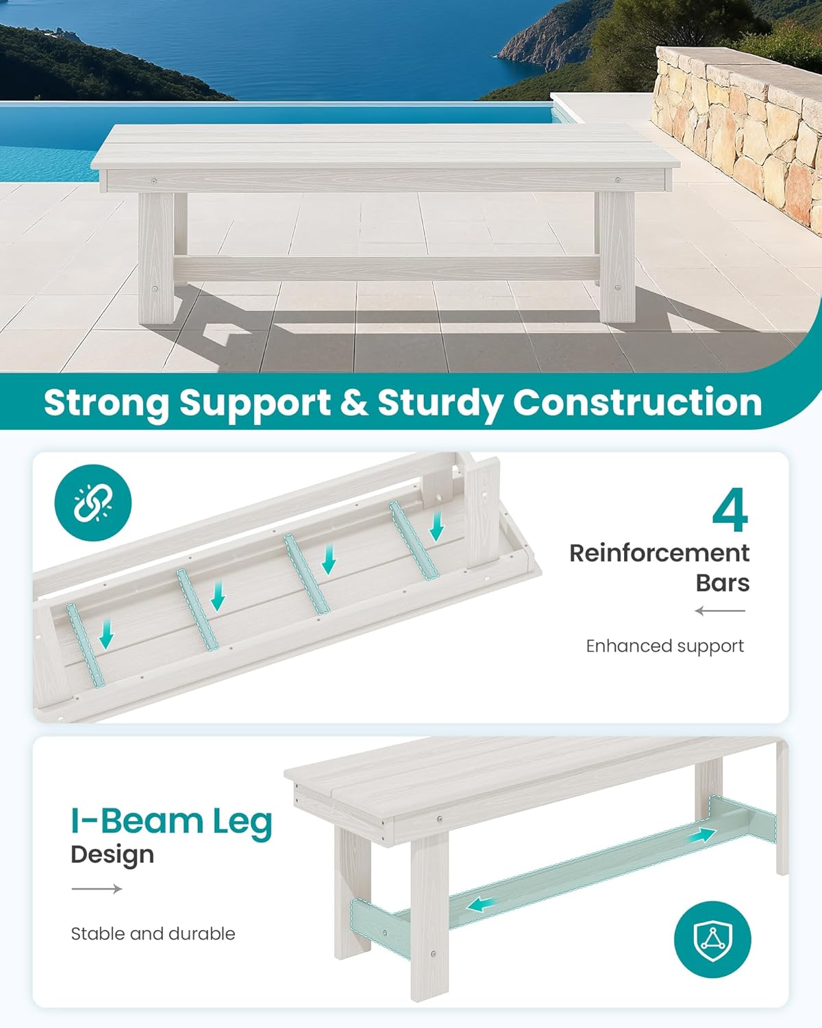 SERWALL 2-Person Outdoor Bench Backless, HDPE Outdoor Benches Weatherproof, 700 Lbs Weight Capacity, Poly Lumber Patio Furniture for Garden, Porch and Park, White, 2 Pack