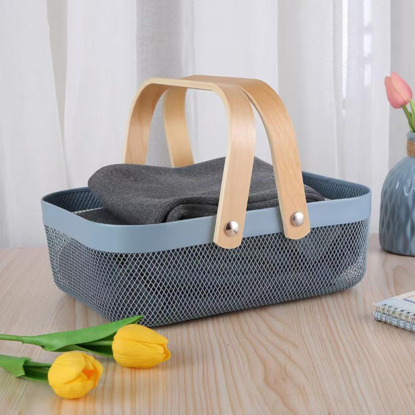Metal Mesh Steel Basket, Storage Organizer Baskets Garden Harvest Basket Multi-functional Kitchen Fruit Baskets Bin with Wooden Handle for Bathroom Picnic Shopping Decor Cabinet Home, Blue