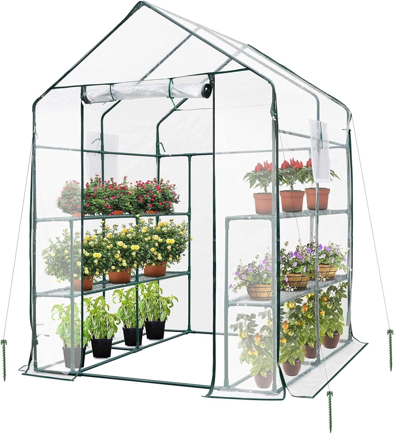 VIVOSUN 57x57x77-Inch Transparent Mini Walk-in Green House with Window and Anchor, Plant Garden Hot House 2 Tiers 8 Shelves, 4.7 x 4.7 x 6.4 FT