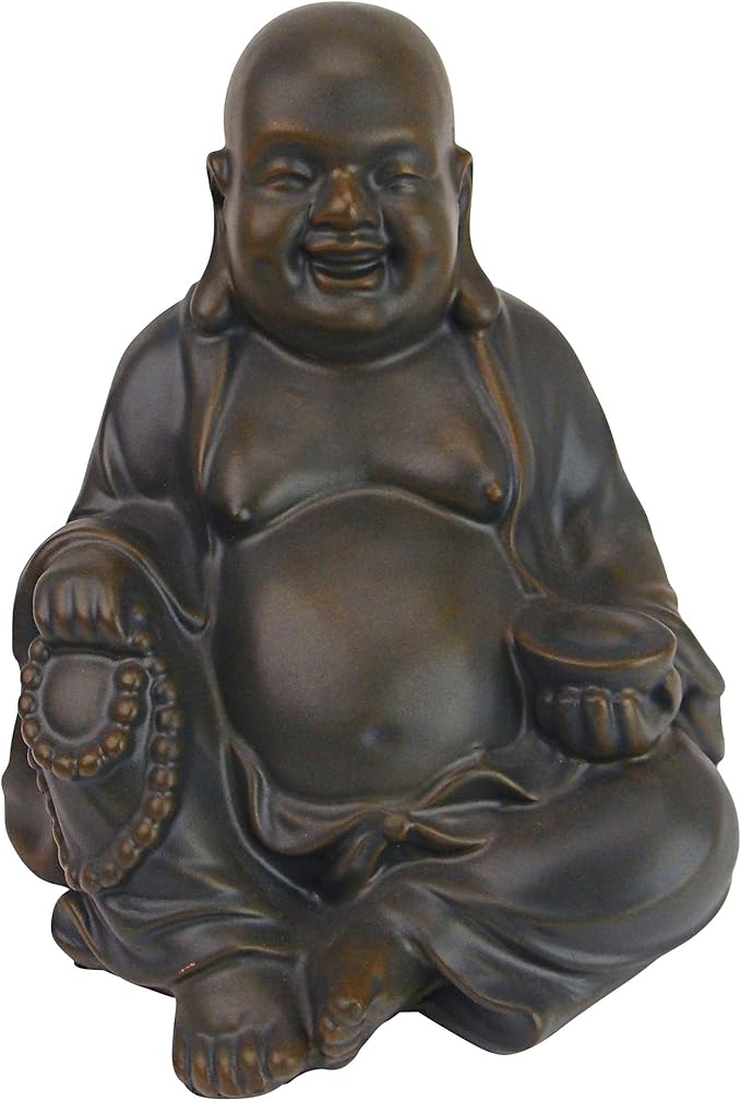 Design Toscano Laughing Asian Man Happy Hotei Garden Statue, Medium, 8 inches wide, 9 inches tall, Cast Stone Resin, Green Bronze Finish