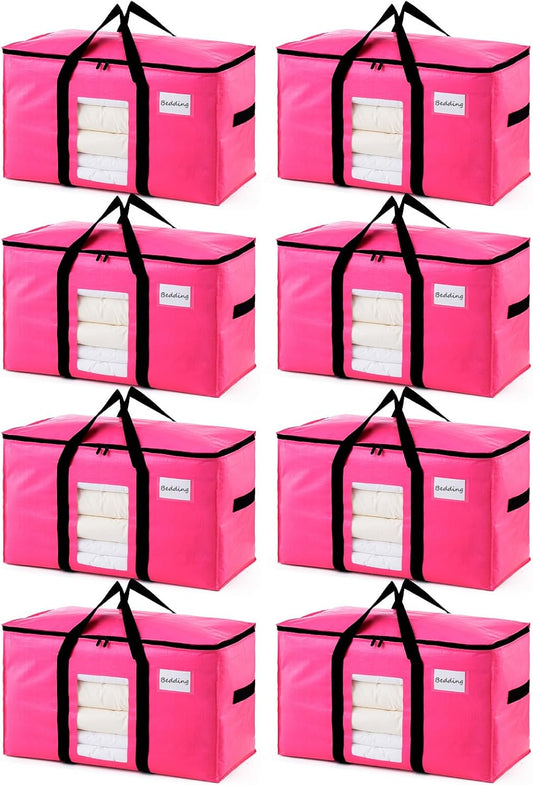 TAILI 8 Pack Pink Extra Large Moving Bags, Heavy Duty Totes with Visible Window, Wrap Around Handles, Space-Saving Storage, Alternative to Moving Boxes