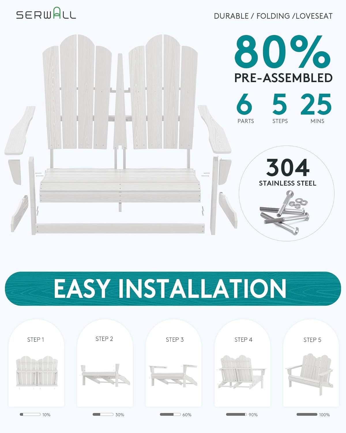 SERWALL Folding Adirondack Bench, HDPE All-Weather Adirondack Loveseat, 660 lbs Capacity, Foldable Outdoor Patio Bench for Deck, Lawn, Garden, White
