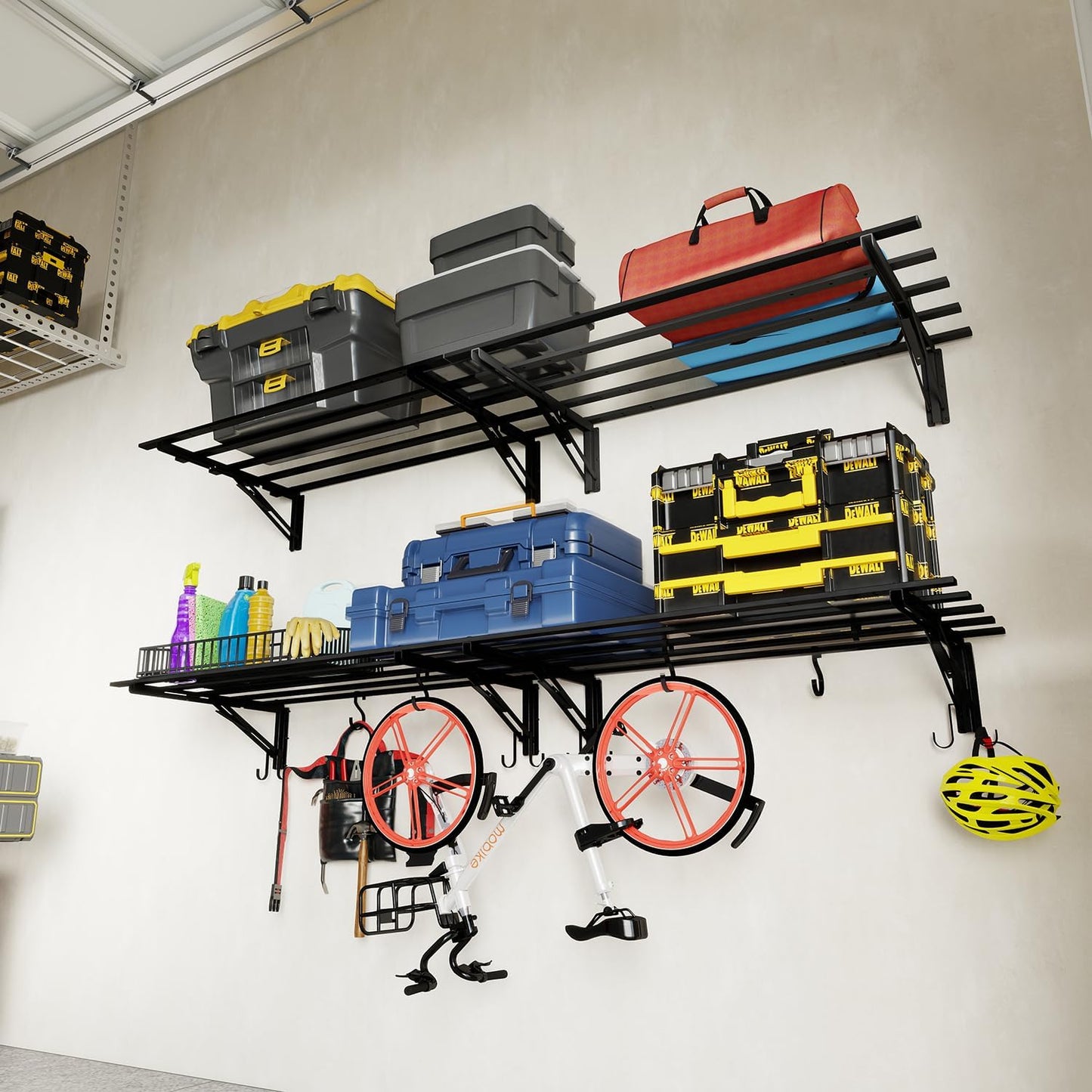 2-Pack Garage Storage System Shelves 3.21x1.64 ft - Industrial Hanging Shelf Wall Mount Kit with Hooks, Folding Garage Wall Shelves, Durable Metal Floating Shelf, Black Shelves Wall Mounted Setup