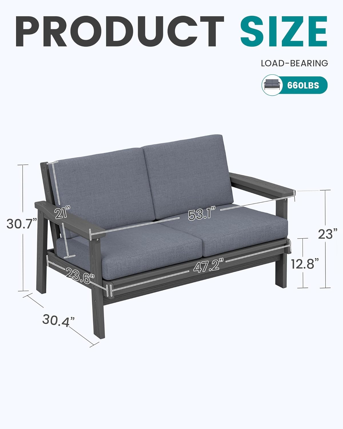 SERWALL HDPE Outdoor Patio Loveseat, Grey Frame and Grey Cushion