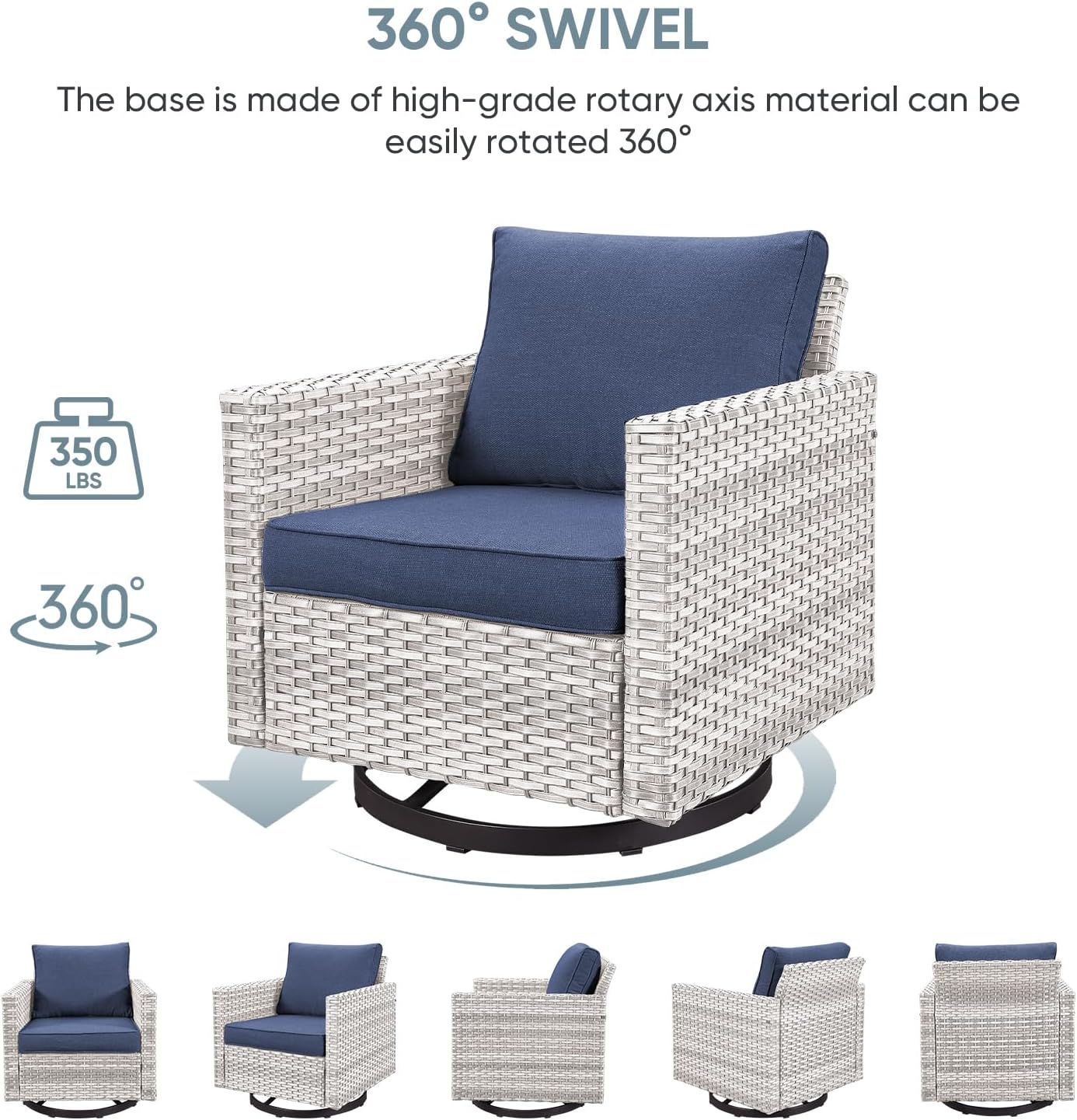 HUMMUH Patio Swivel Chairs Set of 2,PE Wicker Outdoor Rocker Chairs Bistro Set Porch Balcony Furniture with Cushions