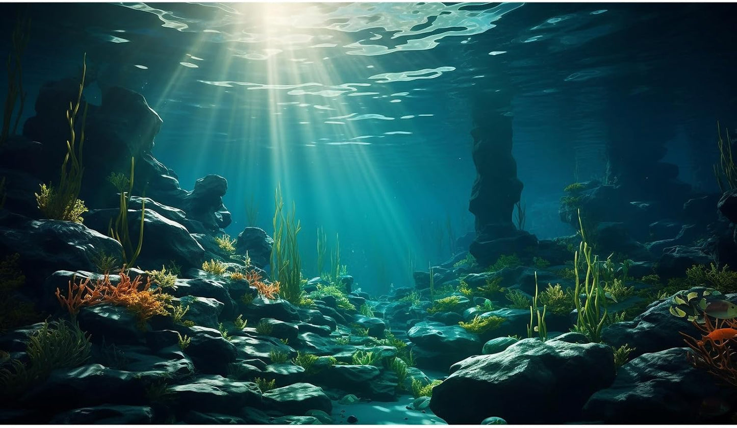 Aquarium Background Ocean Floor Fish Tank Background Underwater Coral Reef Stone Aquarium Backdrop Seaweed Background Sunlight Tank Backdrop Perfect Aquarium Backdrop Durable Vinyl 36x24in