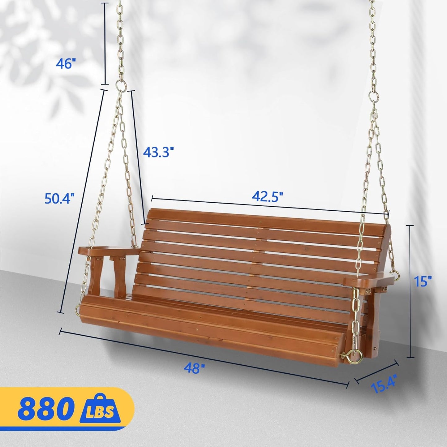 VINGLI Upgraded Patio Wooden Porch Swing for Courtyard & Garden, Heavy Duty 880 LBS Swing Chair Bench with Hanging Chains for Outdoors (Brown, 4 FT)