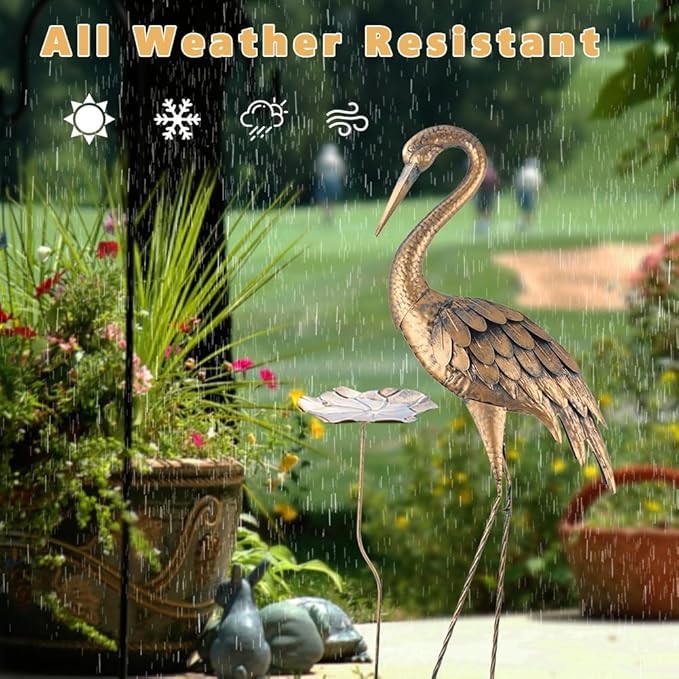 42'' Heron Garden Statue for Outside, Crane Outdoor Statue & Sculpture with Lotus Leaf, Metal Heron Yard Art Decor for Garden, Yard, Lawn, Pond (Gold & Blue)