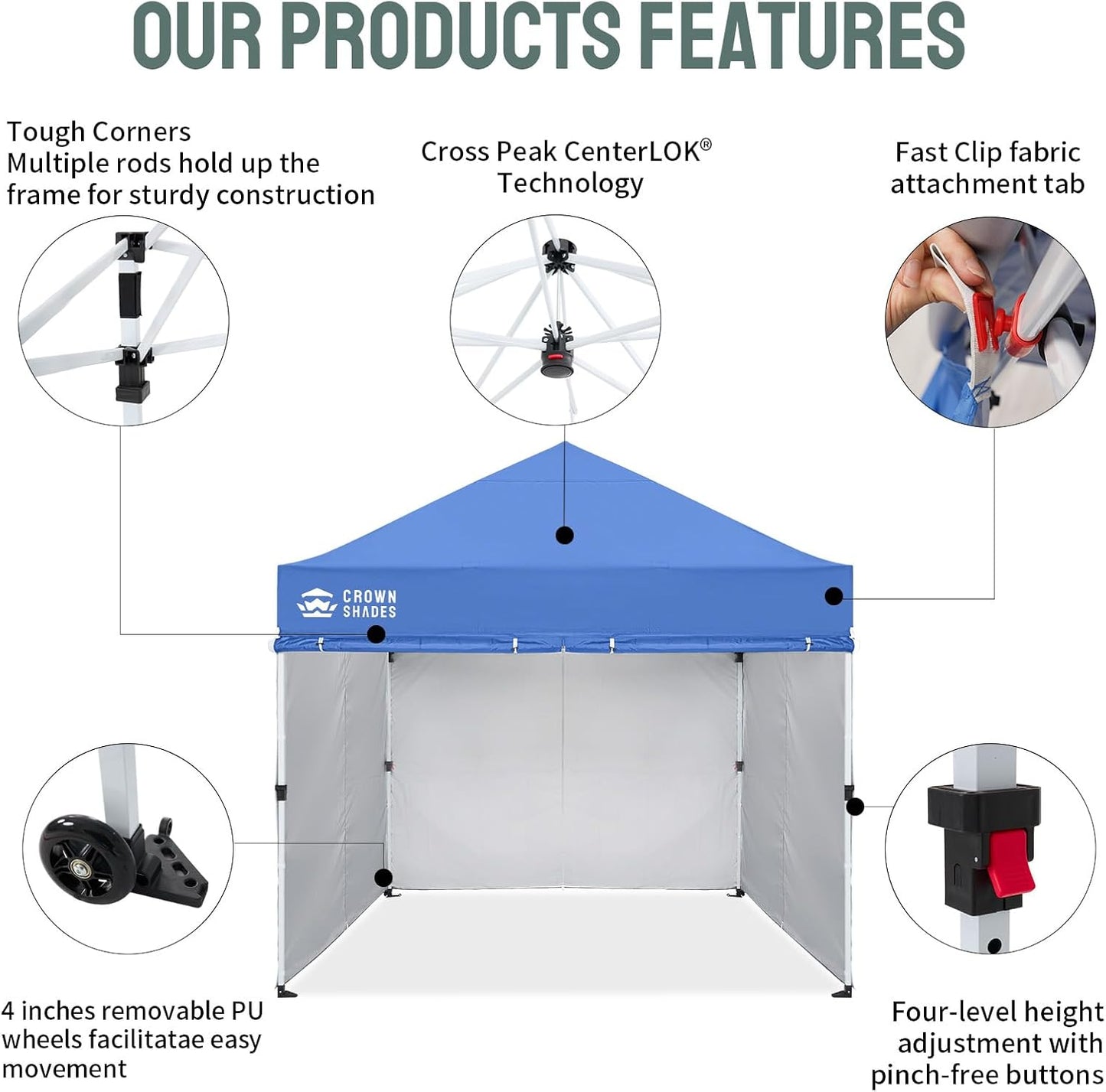 CROWN SHADES 10x10 Pop Up Canopy Tent Instant Commercial 1-Person Setup Patended Centerlock with 400D Fabric, 4 Sidewalls, 4" Wheels, 4 Upgraded Weights, Sto'N Go Bag, Blue