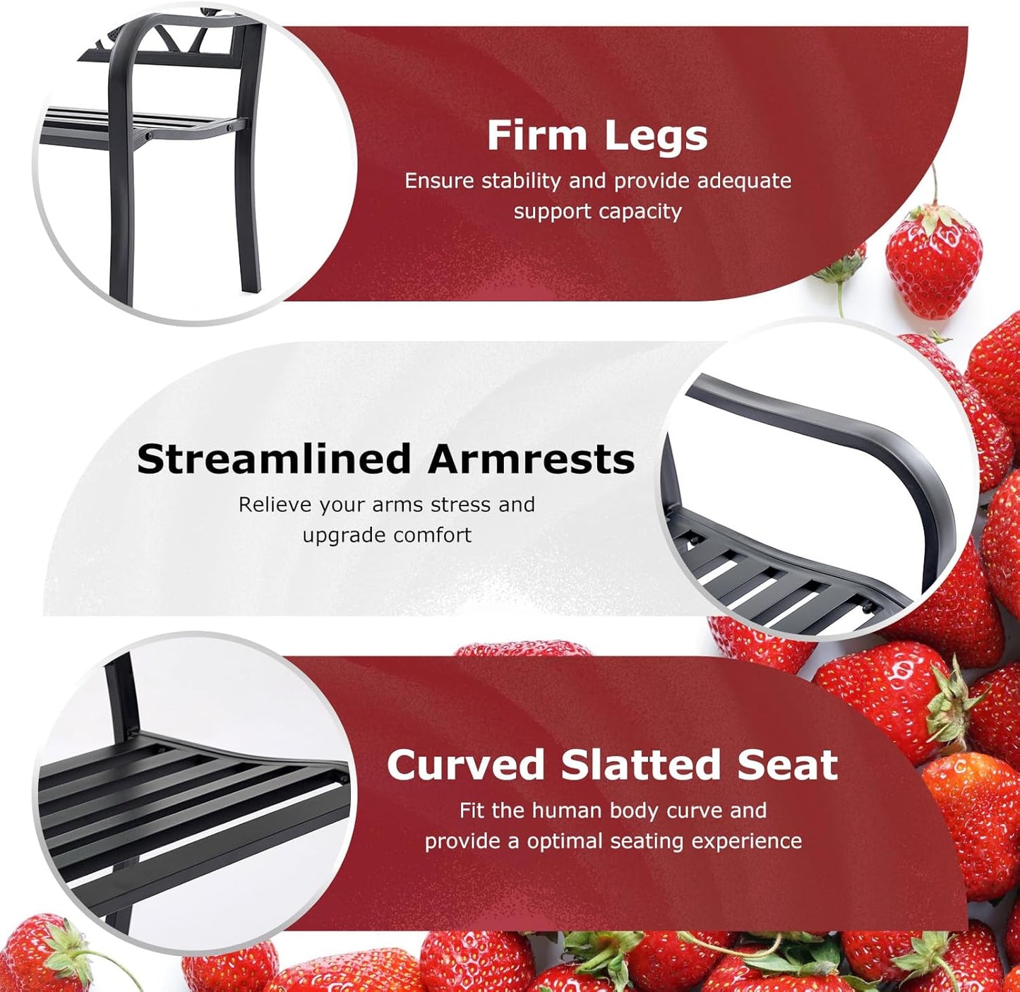 50” Strawberry Outdoor Garden Bench, Weatherproof Sturdy Cast Iron Metal Frame Patio Park Bench for Porch Yard Lawn Deck Park (Black Strawberry Style)