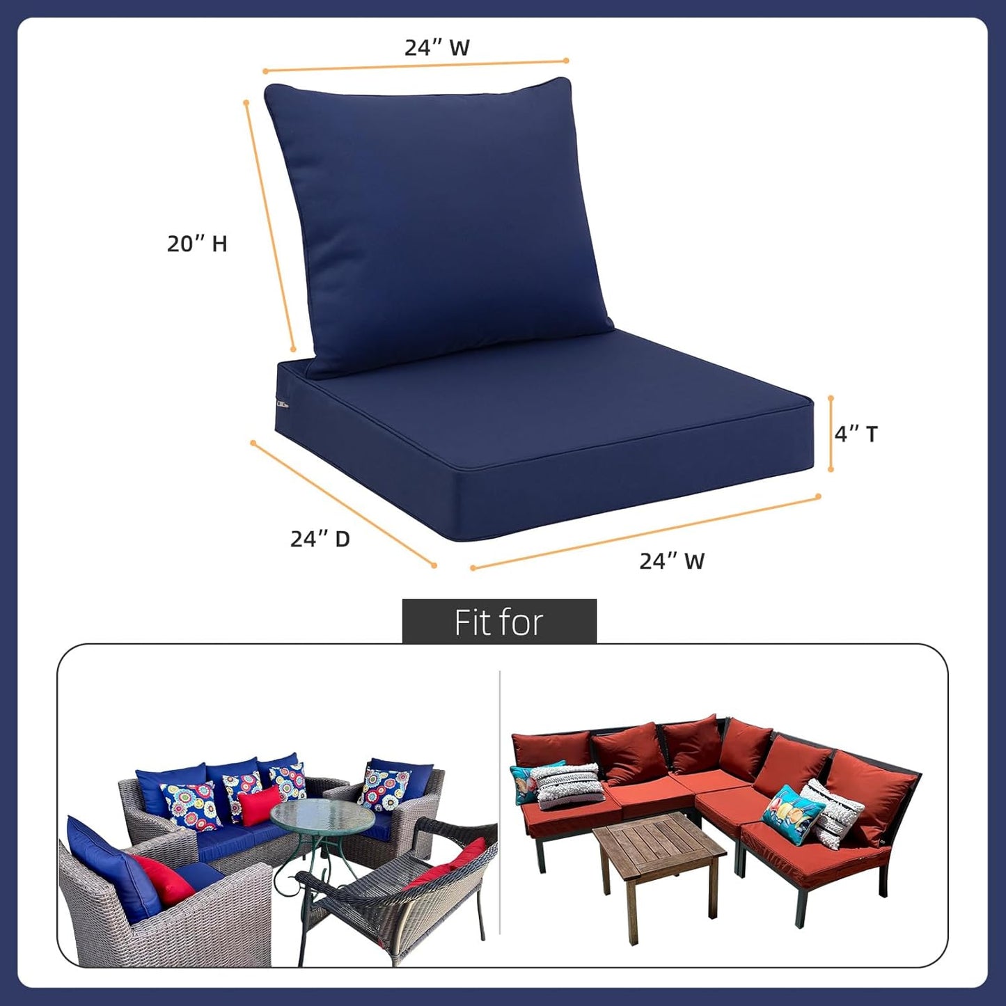 Favoyard Outdoor Seat Cushion Set 24 x 24 Inch Waterproof & Fade Resistant Patio Furniture Cushions with Removable Cover, Handle and Adjustable Straps for Chair Sofa Couch