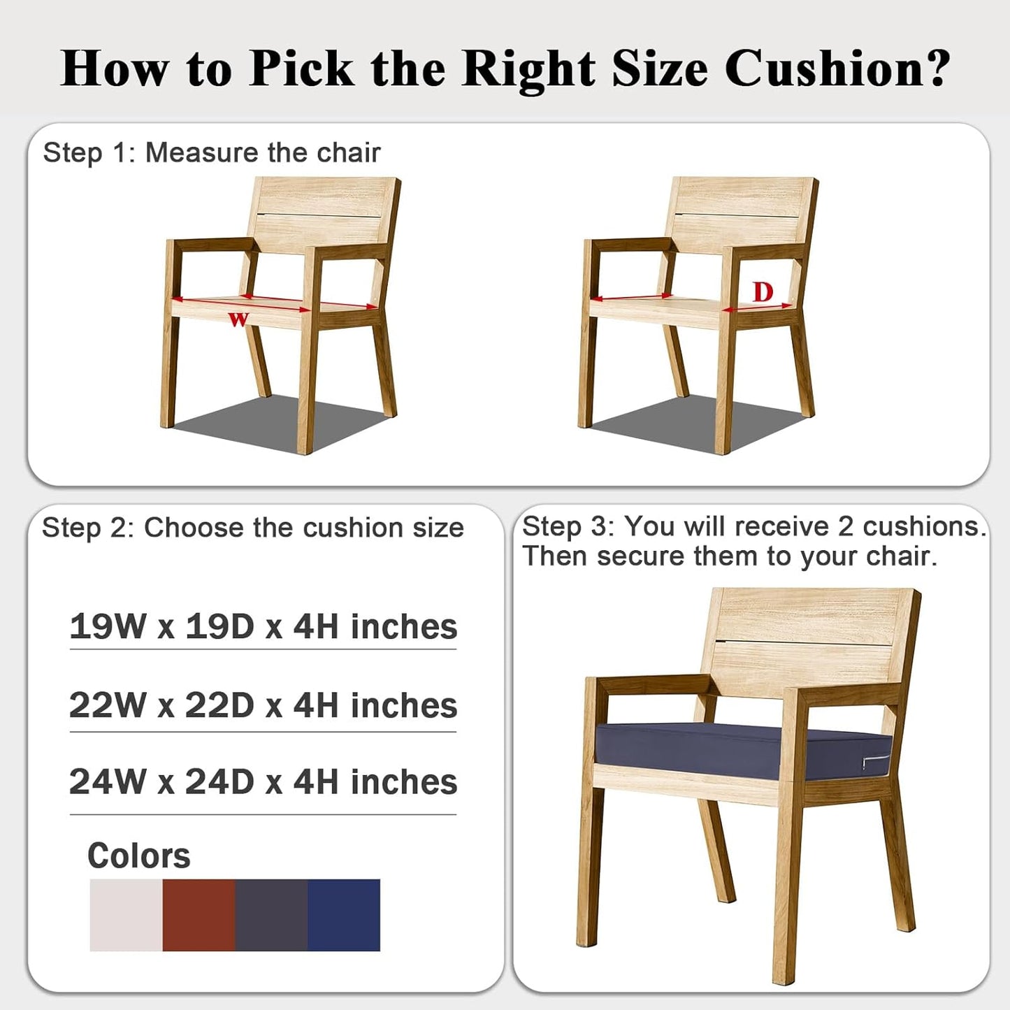 Outdoor Chair Cushions Set of 2 for Patio Furniture 22x22x4 Inch Waterproof Patio Chair Cushion 3 Year Color Fastness Square Elastic Foam Garden Sofa Couch Pads with Ties and Handle,Grey