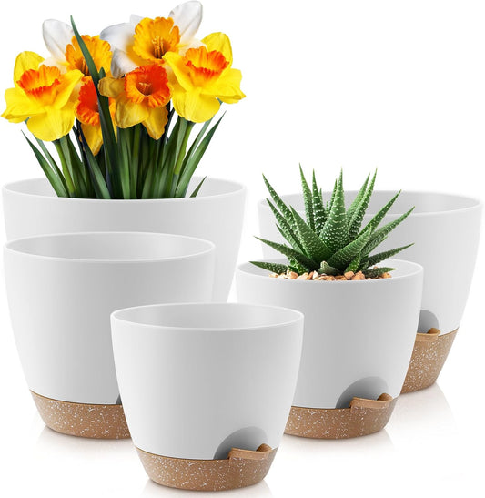 Plant Pots 10/9/8/7.5/7 inch, Self Watering Planters with Drainage Holes & Saucers for Indoor and Outdoor Plants (White)
