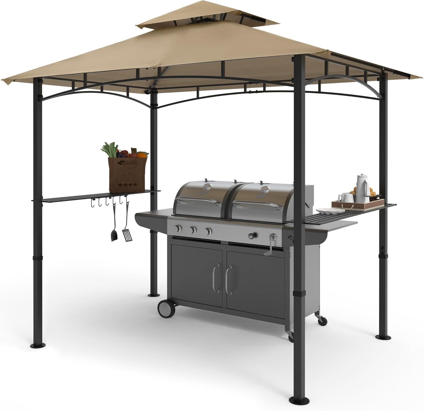 COOSHADE 8'x 5' Grill Gazebo Double Tiered Outdoor BBQ Gazebo Canopy with LED Light (Khaki)