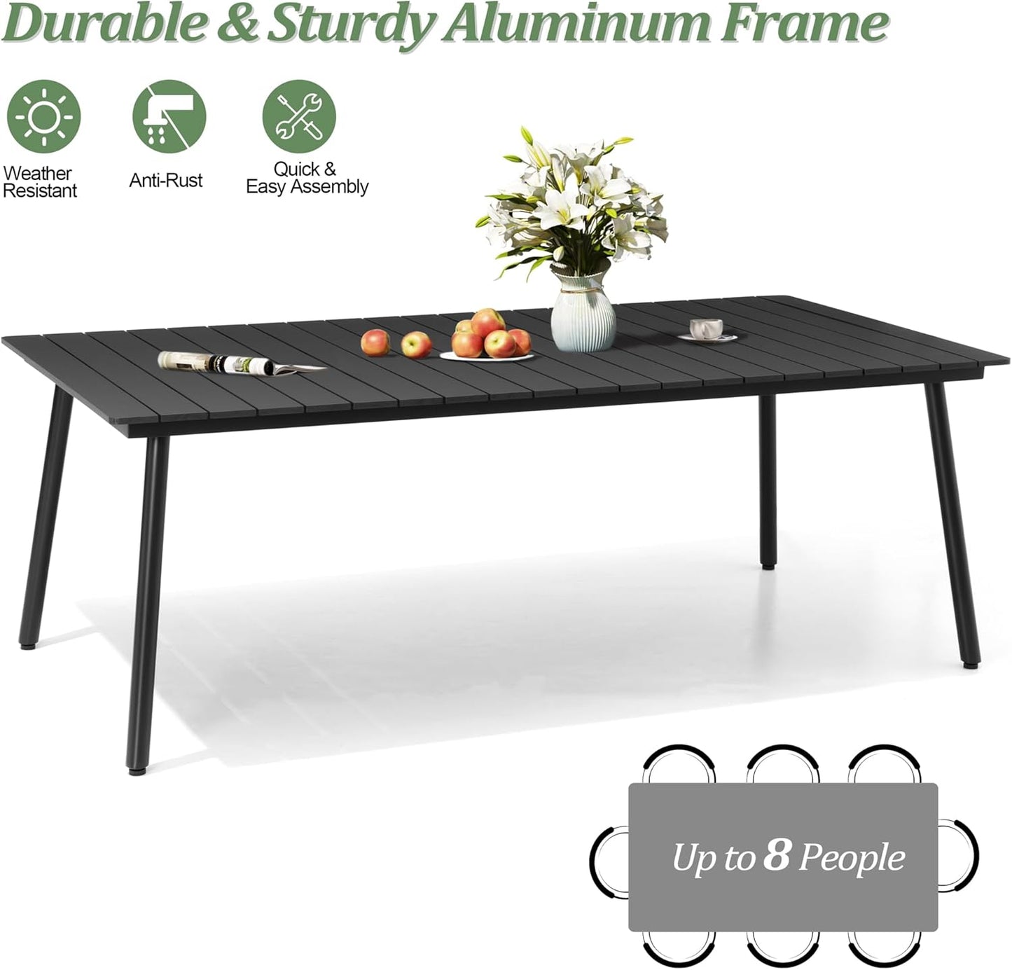 Outdoor Dining Table for 6-8, 82.7 inch Patio Dining Table with Wooden-Like Top and Aluminum Frame, Rectangular Table with Umbrella Hole Outdoor Furniture, Only Table, Black