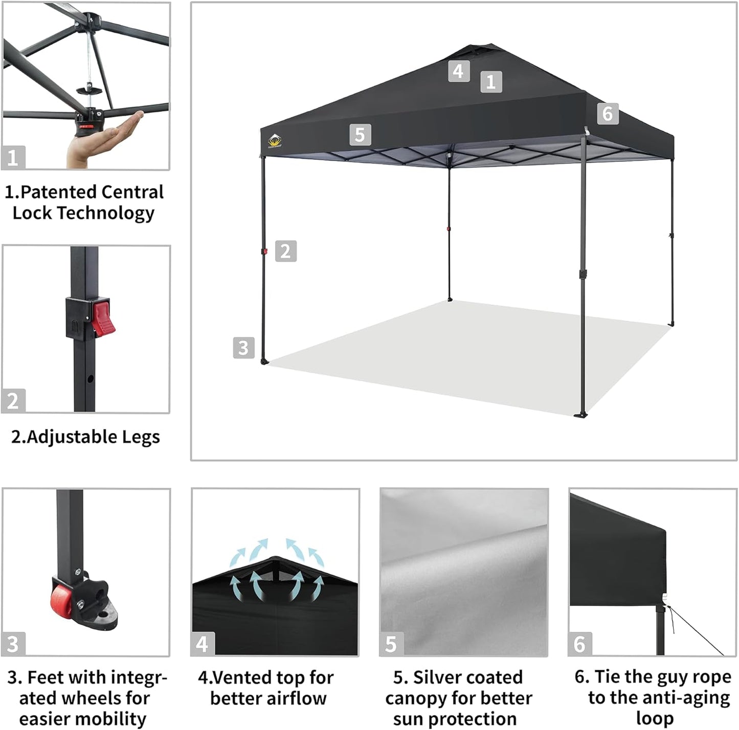 CROWN SHADES 10x10 Pop Up Canopy Tent - Patented Center Lock One Push Instant Outdoor Canopy Beach Tent with STO-N-Go Bag 8 Stakes & 4 Sand Bags，Black
