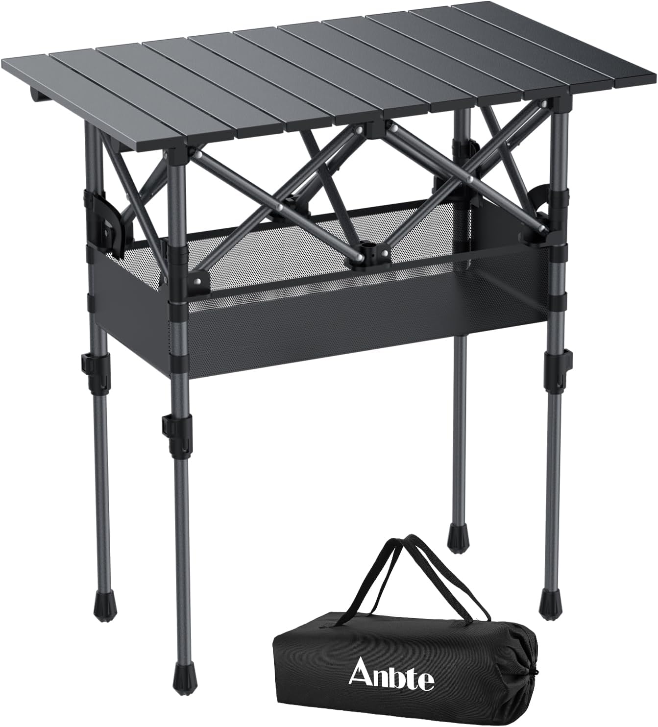 Folding Camping Table, Aluminum Roll Up Camping Table Adjustable Height with Storage Net and Bag, Lightweight Outdoor Table 25” X 16”, for Outdoor Travel BBQ Party Picnic, Black