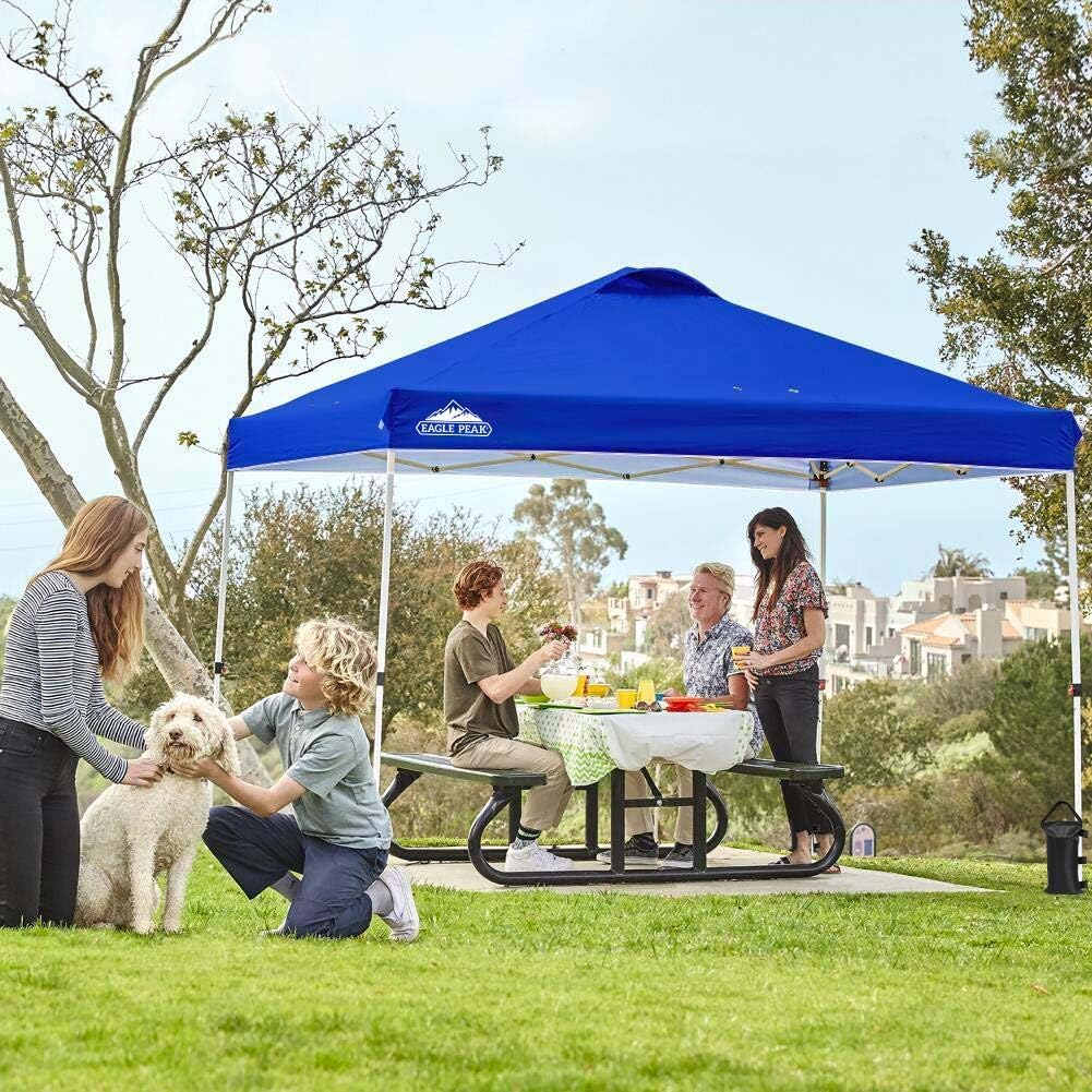 EAGLE PEAK Pop Up Canopy Tent with Wheeled Carry Bag, 8 Stakes, 4 Ropes, 4 Weight Bags, Easy Set Up Tent Canopy, 10x10 ft, 100sqft of Shade, Blue
