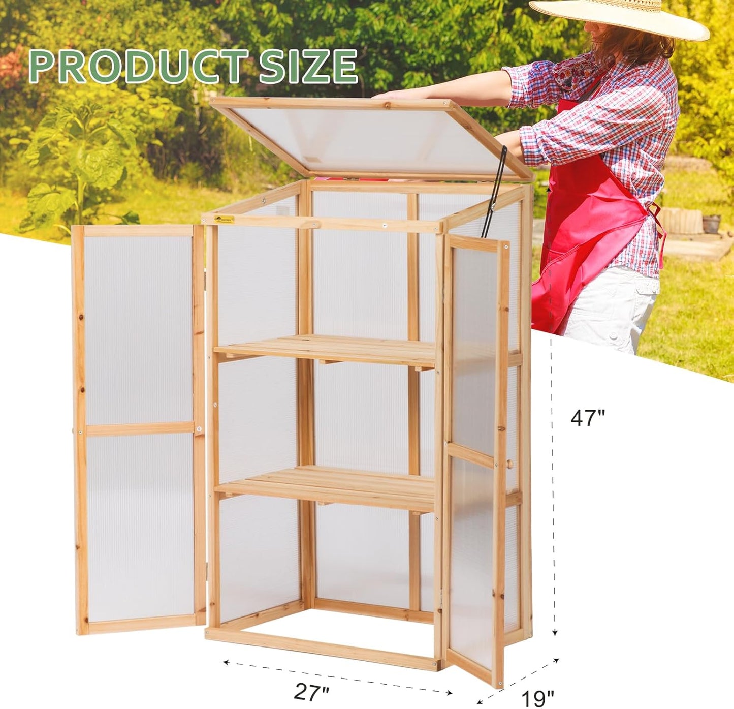 BIGTREE Wooden Green House Mini Greenhouse Indoor/Outdoor Nursery Vented Cold Frame Portable Garden Planter Raised Plants Top Opening Door (27"X19"X47")