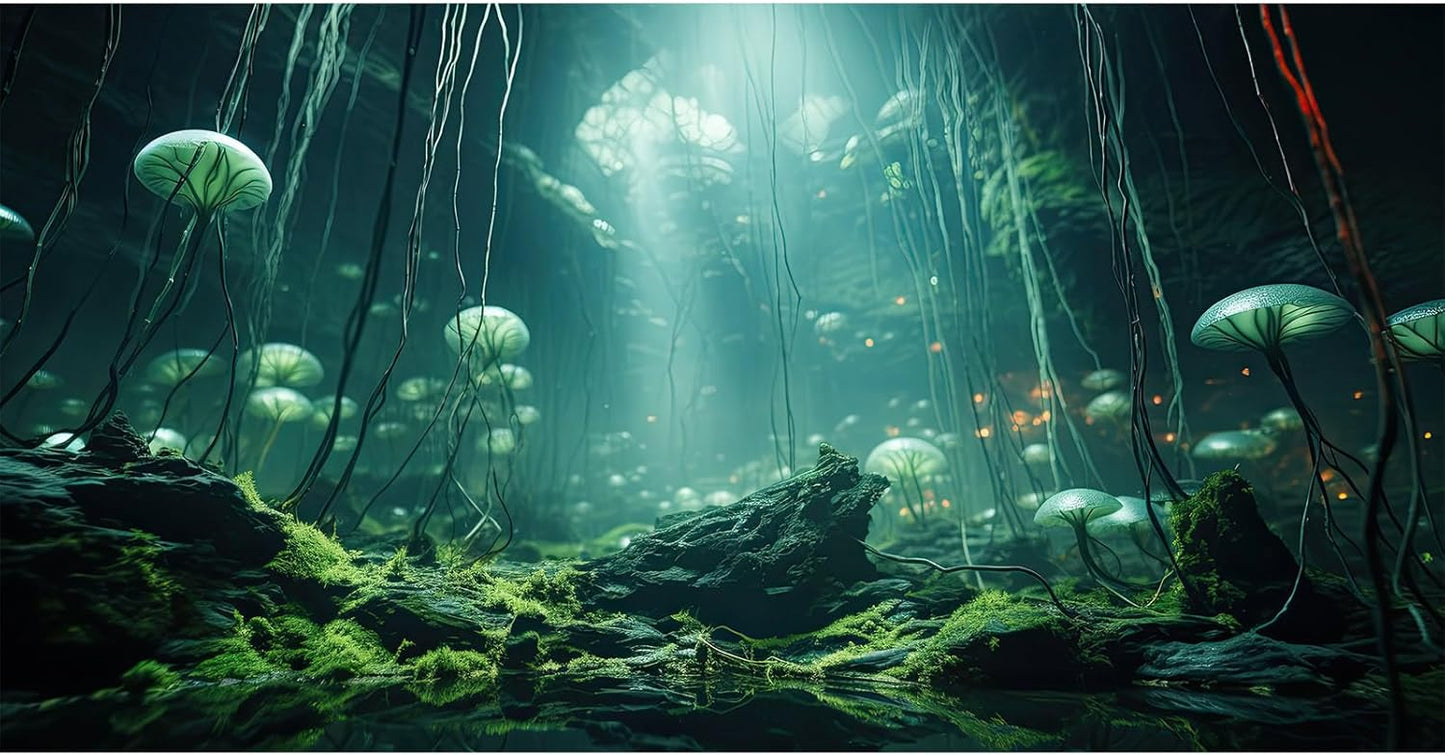Aquarium Background Foggy Stone Mushroom Green Moss Fish Tank Background Mysterious Green Seaweed Scenery Aquarium Backgrounds White Mushroom Reptile Tank Enclosure Backgrounds Wallpaper 24x12in