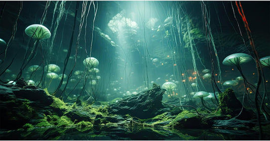 Aquarium Background Foggy Stone Mushroom Green Moss Fish Tank Background Mysterious Green Seaweed Scenery Aquarium Backgrounds White Mushroom Reptile Tank Enclosure Backgrounds Wallpaper 72x24in