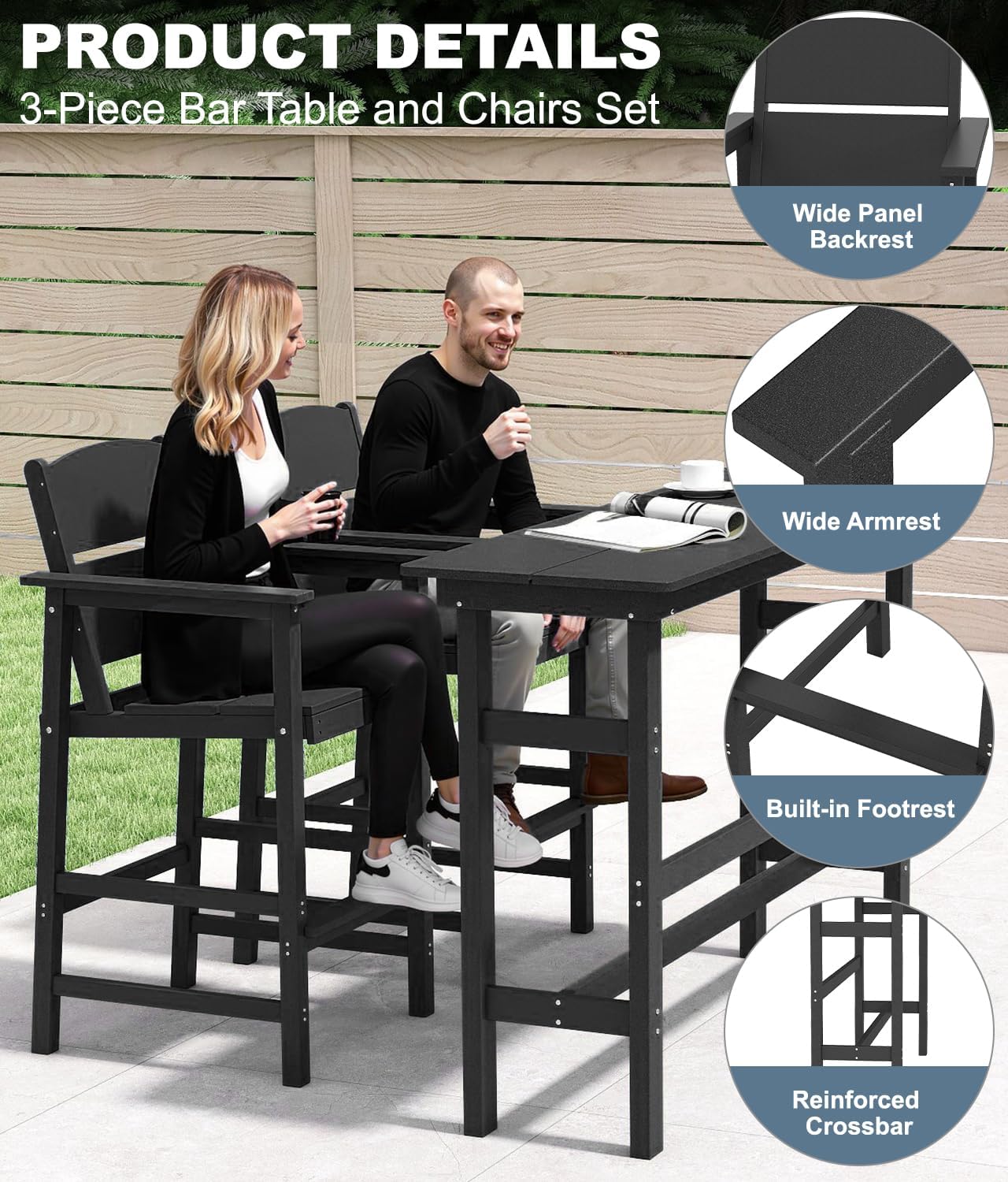 Bar Height Patio Table and Chairs Set, HDPE Outdoor Adirondack Bar Chairs and Patio Table, All-Weather Patio Furniture for Poolside, Backyard, Garden, High Top Patio Bar Set (Black, 3-Piece)