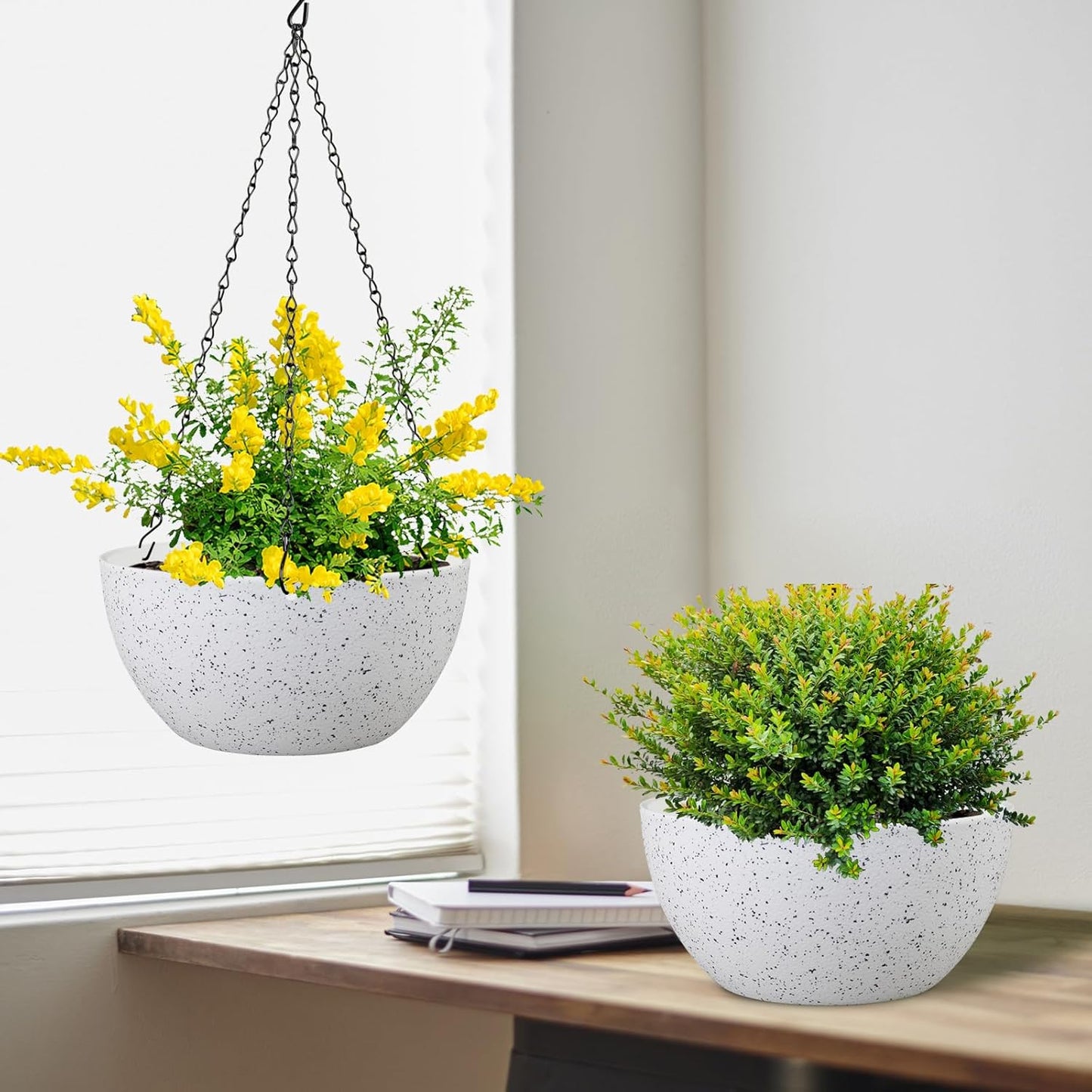 8 inch Hanging Planters for Small Indoor Outdoor Plants, 2 Pack Hanging Flower Pots with Drainage Holes and Chain for Garden Porch, Plastic Hanging Baskets for House Plants, Speckled White