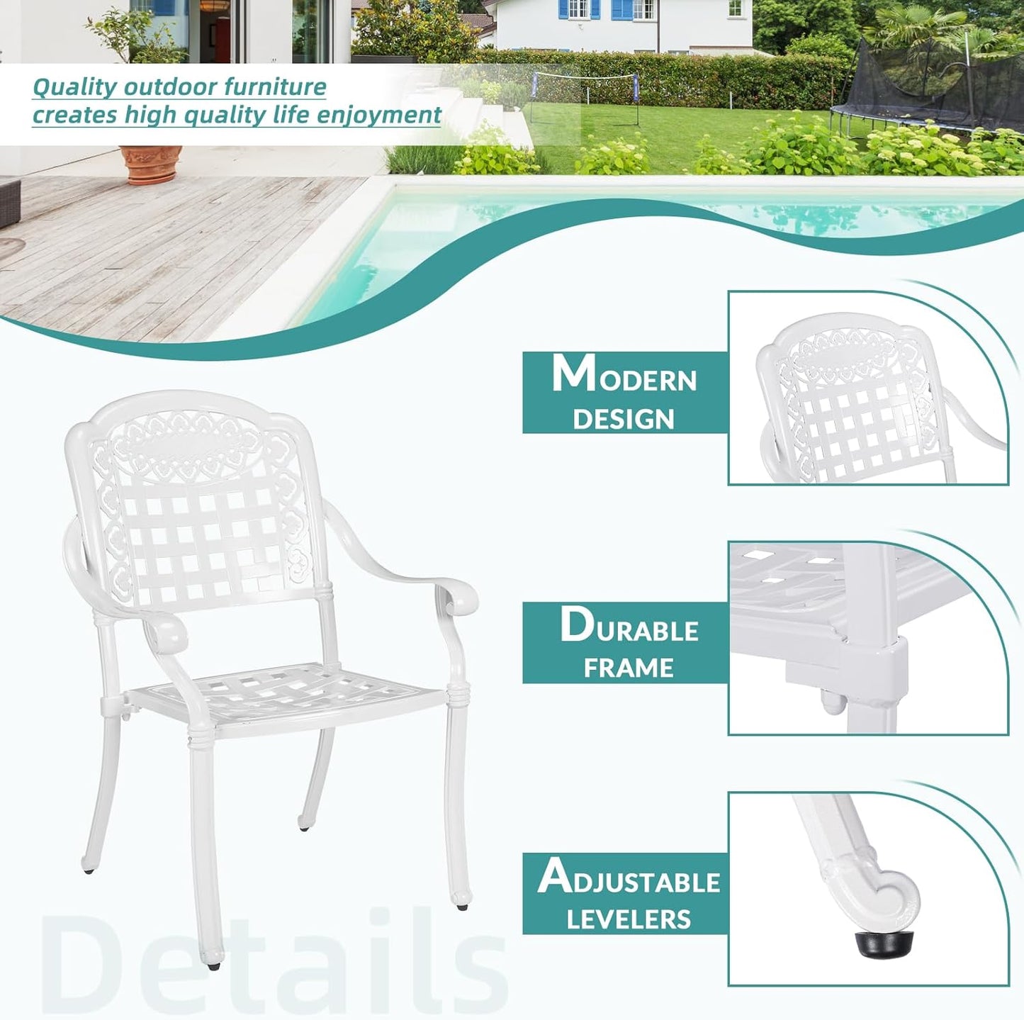 MEETWARM 3 Piece Patio Bistro Set, Outdoor All-Weather Cast Aluminum Dining Furniture Set Includes 2 Chairs and a 35.4” Round Table with Umbrella Hole for Garden Deck, White