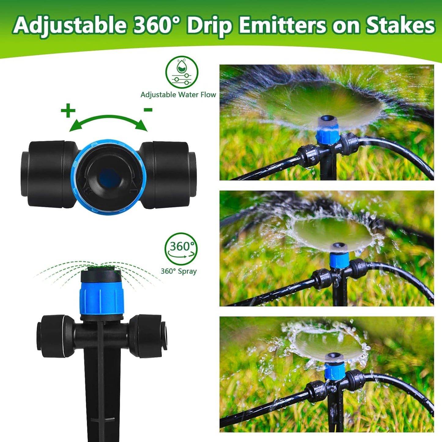 Push-to-Fit Drip Irrigation Vortex Emitters for 1/4" Drip Irrigation Tubing, 20 Pcs Adjustable 360 Degree Water Flow Fan Shape Drippers with Stake in-Line Drip System Emitter