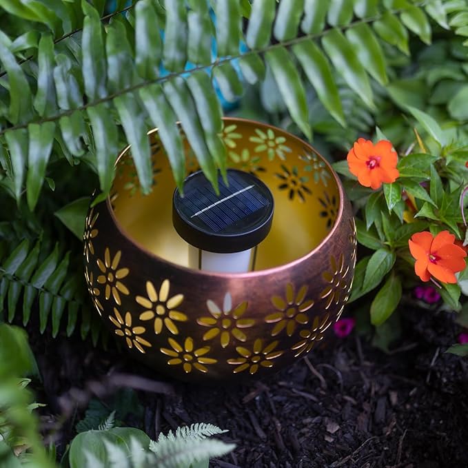Original Solar Fire Bowl 8” (4-Pack) Decorative Metal Solar Patio Light with Flickering Flame, Waterproof Dusk-to-Dawn Garden Lantern in Bronze/Copper Finish