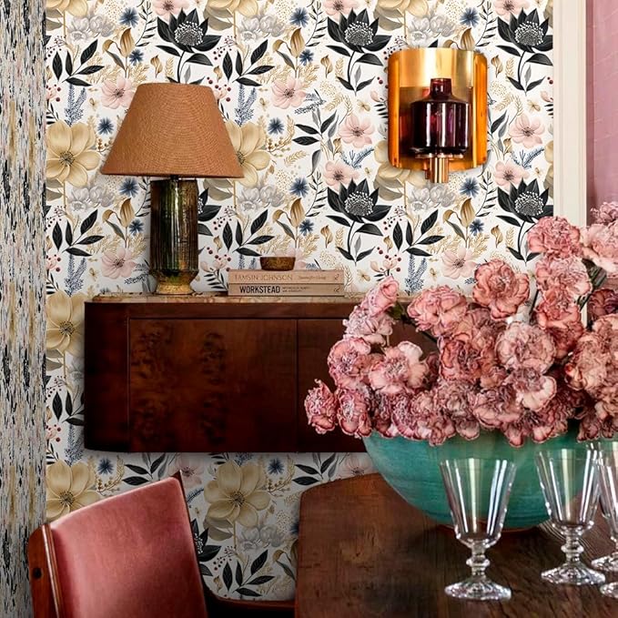 White/Pink/Gold Floral Garden Black Blue Flowers Vintage Peel and Stick Wallpaper Self Adhesive Removable Easy Peel Off Contact Paper Stick on Wall Paper for Bedroom Cabinet Renter Friendly