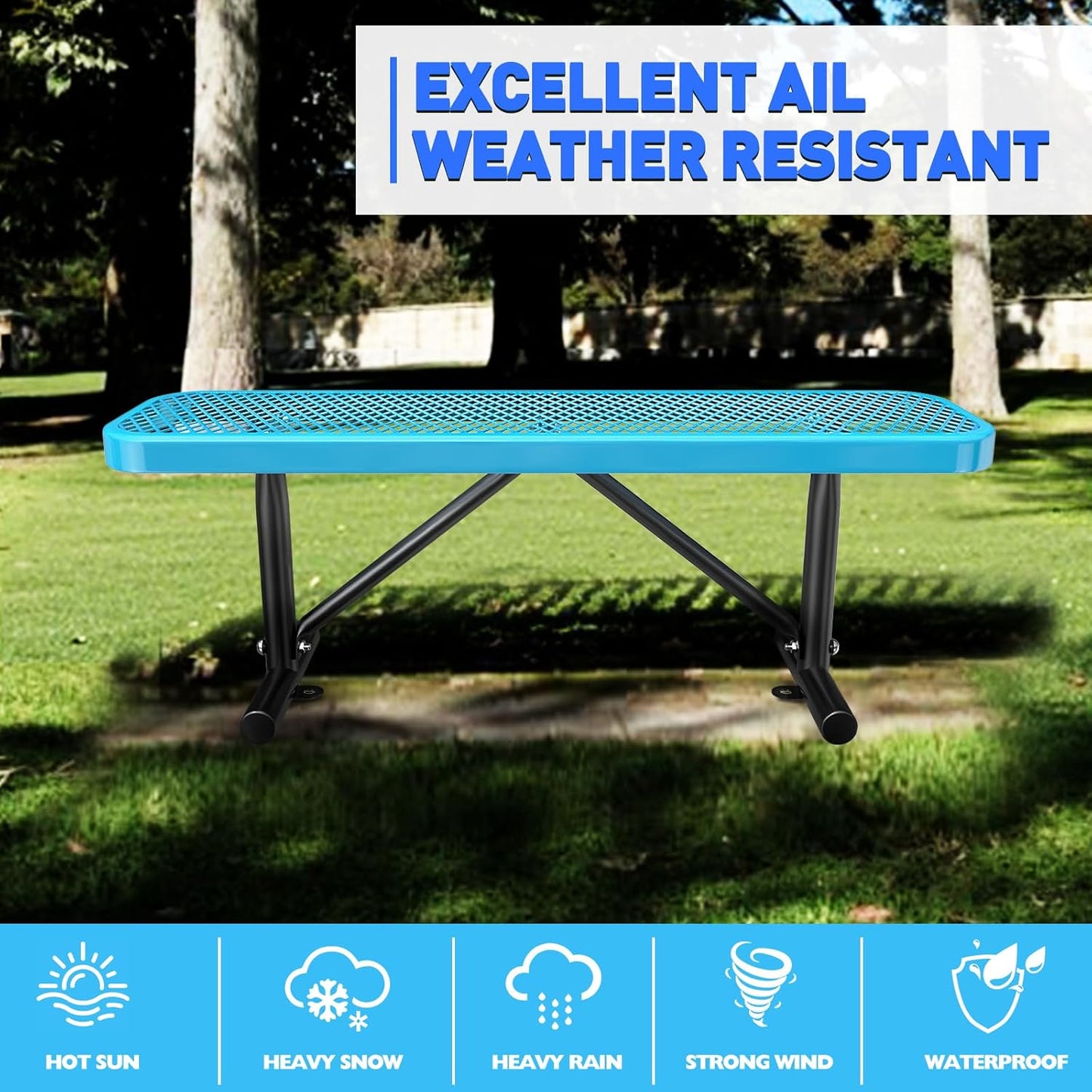 Heavy-Duty Park Bench or Table for Outside - Black Coated Outdoor Furniture Steel Bench, Commercial-Grade Outdoor Benches Weatherproof for Park, Patio, Porch (Blue, 4FT (Without Backrest))