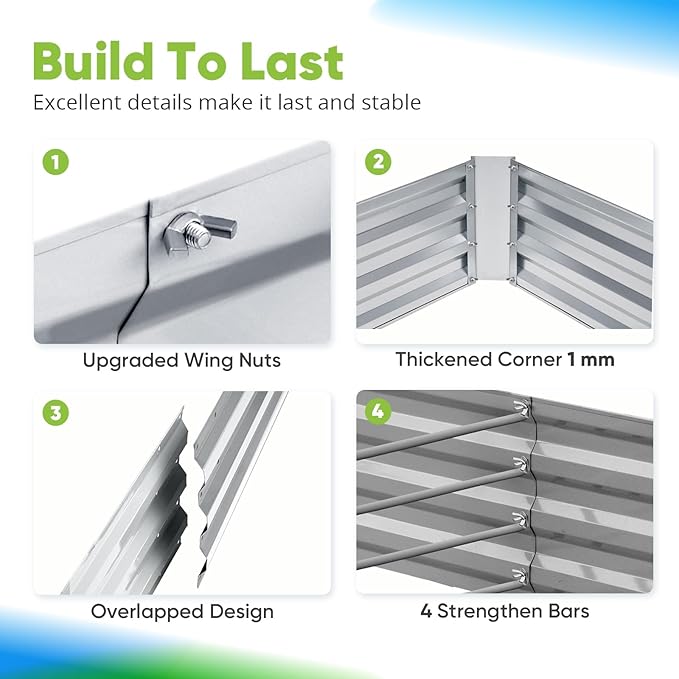 Quictent Galvanized Raised Garden Bed 8x4x1 Ft Metal Planter Box for Vegetables Bottomless for Backyard, 2 Tomato Cages Included, Green